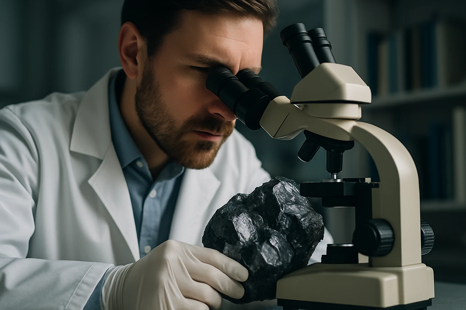 Egy tudós mikroszkóppal vizsgál egy fekete ásványt laboratóriumban.