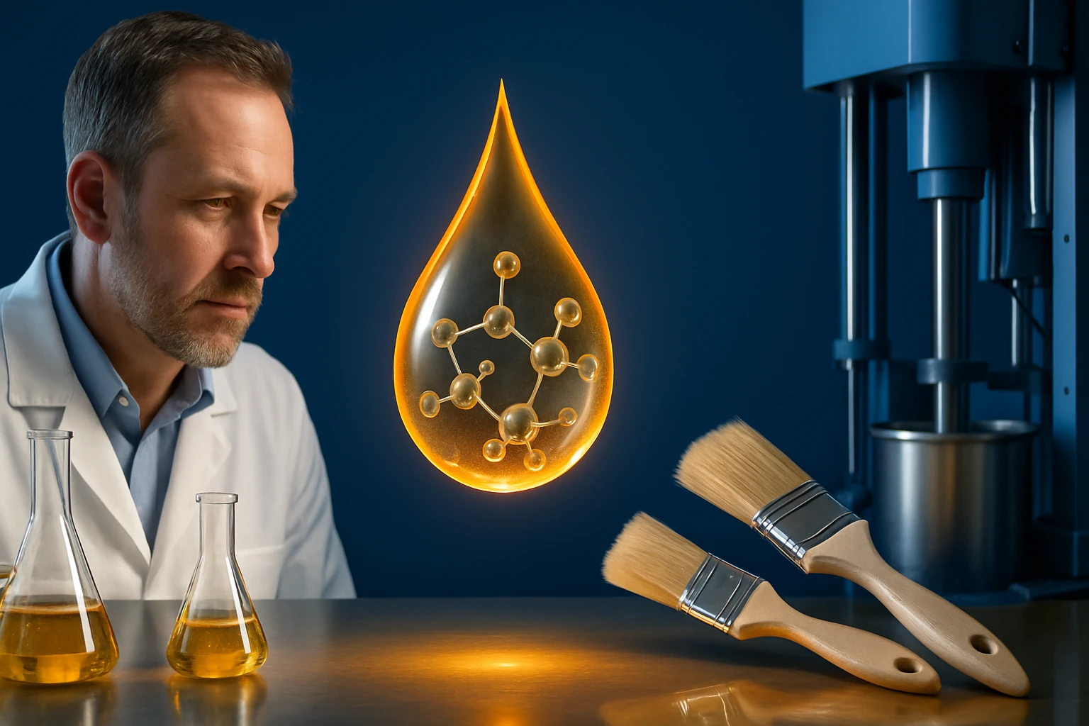 Egy tudós figyeli a lebegő, molekulákat ábrázoló cseppet laboratóriumi környezetben.