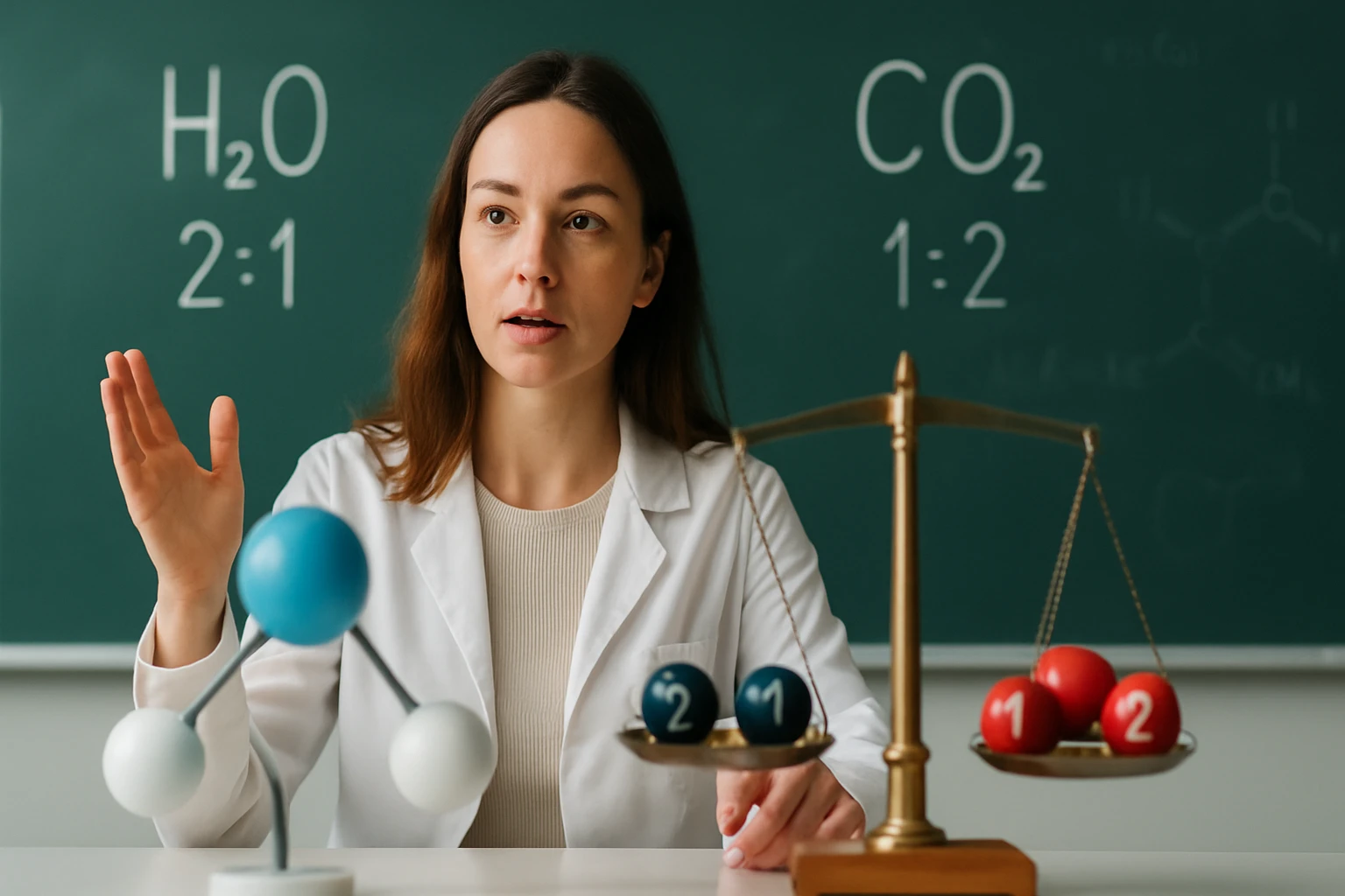 Egy női kémikus bemutatja a víz és szén-dioxid molekulák arányát.