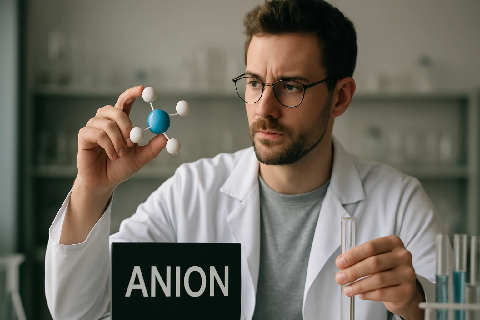 Egy tudós egy kék és fehér atomokból álló molekulát tart a kezében, miközben az 'ANION' feliratú táblát nézi.