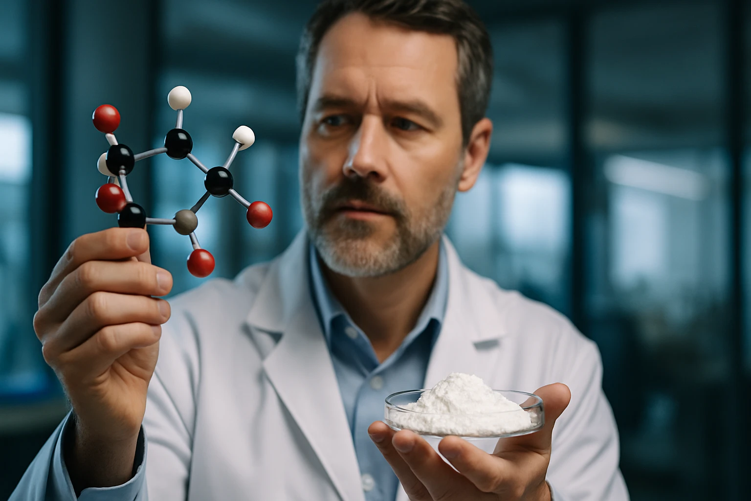 Egy tudós egy molekulamodelt tart a kezében, míg a másikban por alakú anyag van.