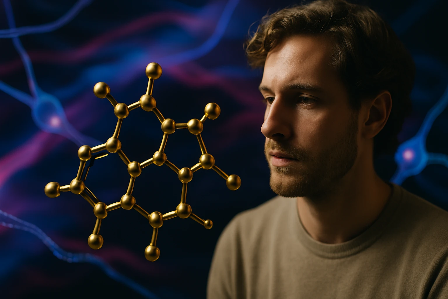 Egy férfi néz egy arany színű molekulára, háttérben színes idegsejtek.