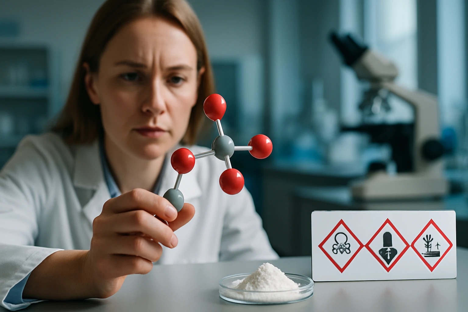 Egy tudós molekulamodelleket vizsgál laboratóriumi környezetben.