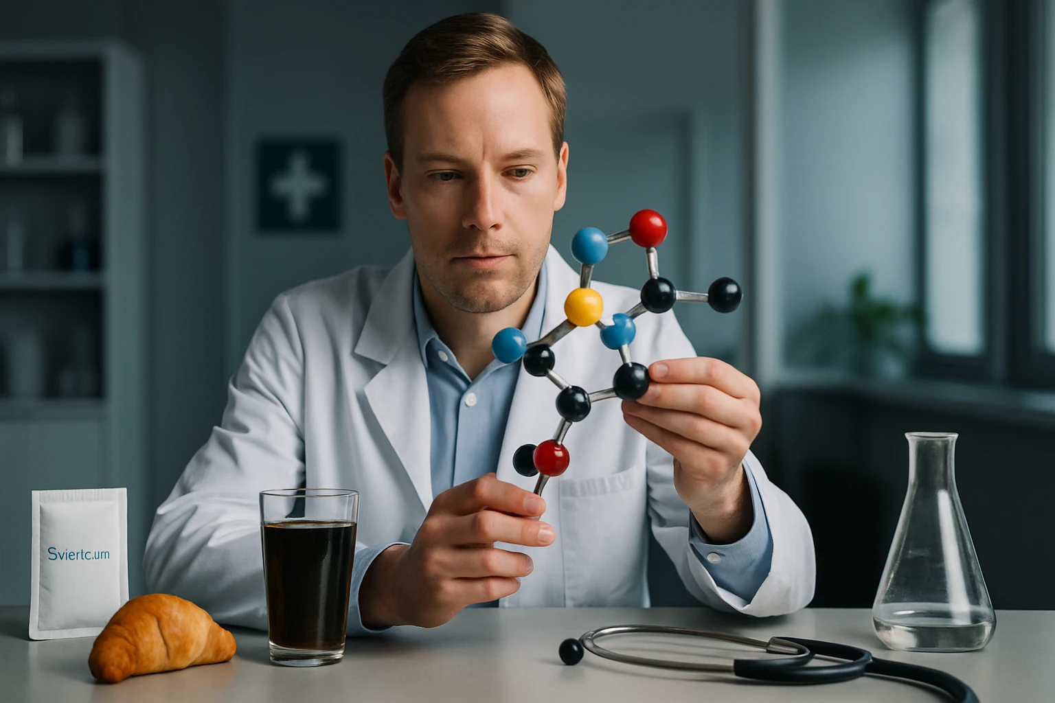 Egy orvos molekulamodellel dolgozik, miközben kávét és péksüteményt fogyaszt.