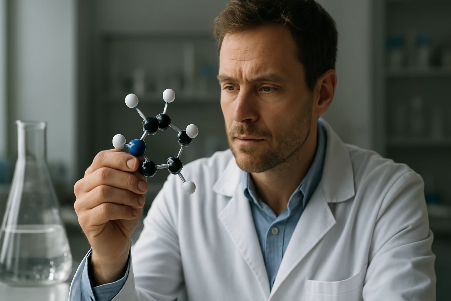 Egy tudós egy molekulamodelt vizsgál, miközben laboratóriumban dolgozik.