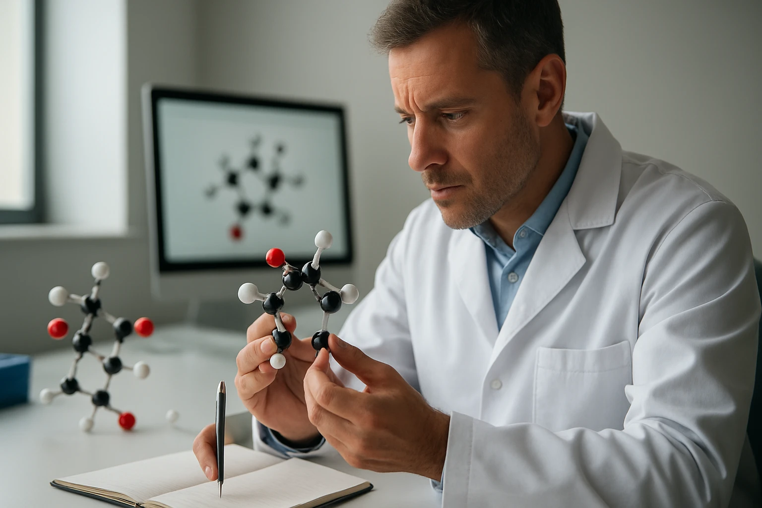 Egy tudós molekulamodelleket vizsgál, miközben jegyzetel.