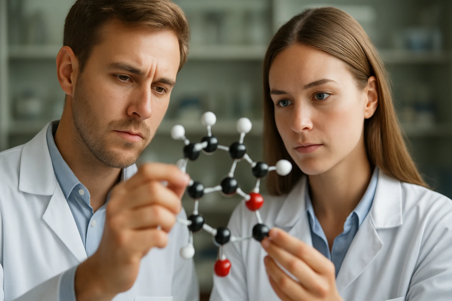 Két kutató figyel egy molekulamodelt, amely fekete, fehér és piros golyókból áll.