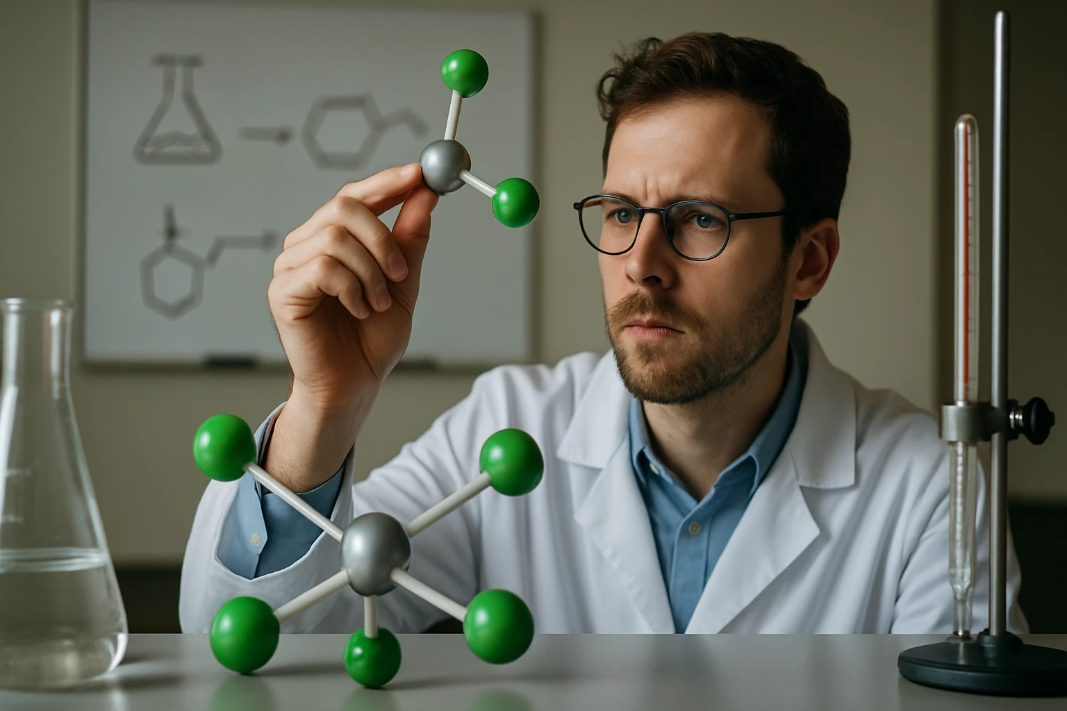 Egy laboratóriumban dolgozó tudós, aki egy molekulamodelt vizsgál.