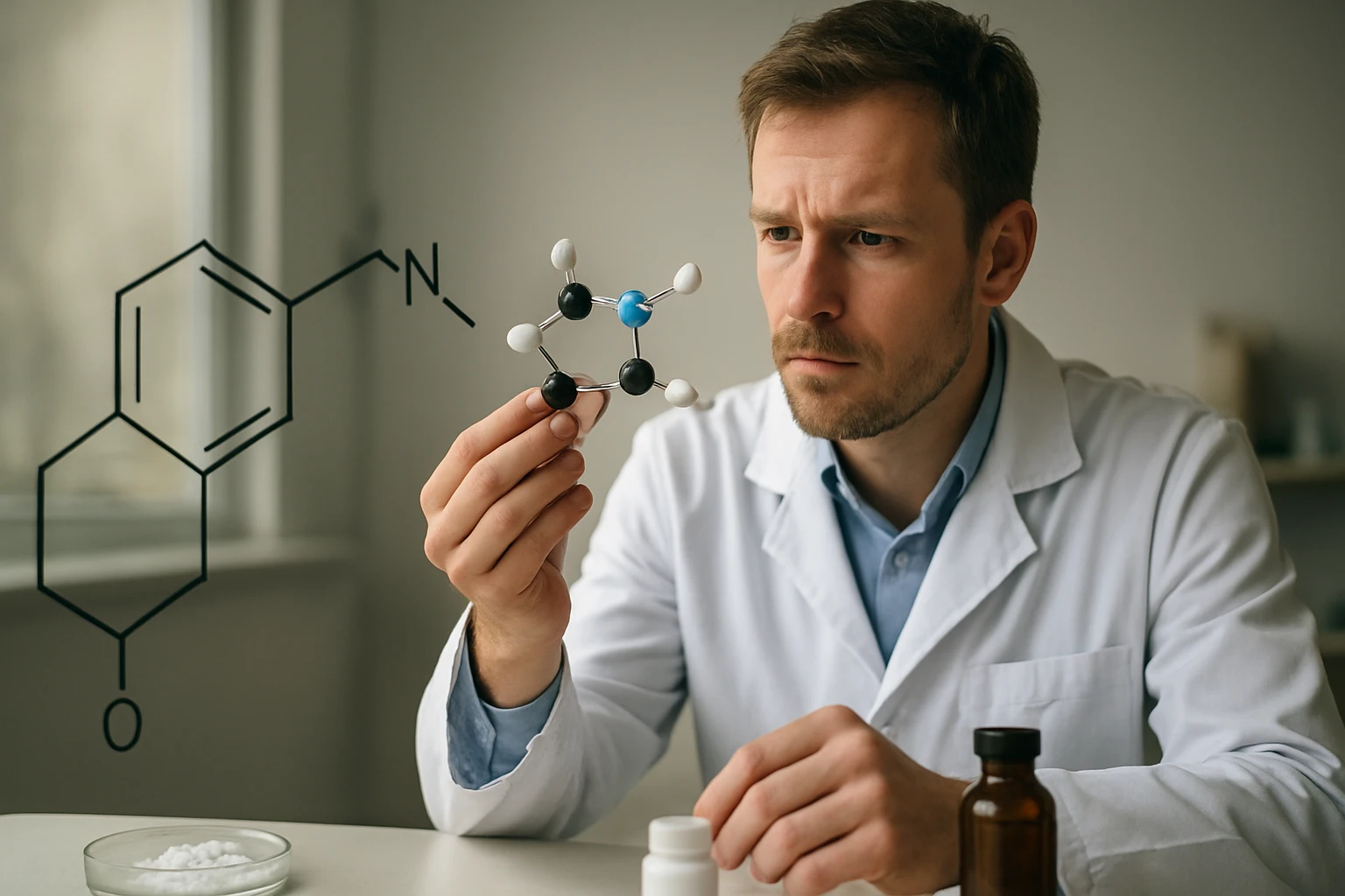 Egy tudós, fehér köpenyben, egy molekulát vizsgál a kezében.