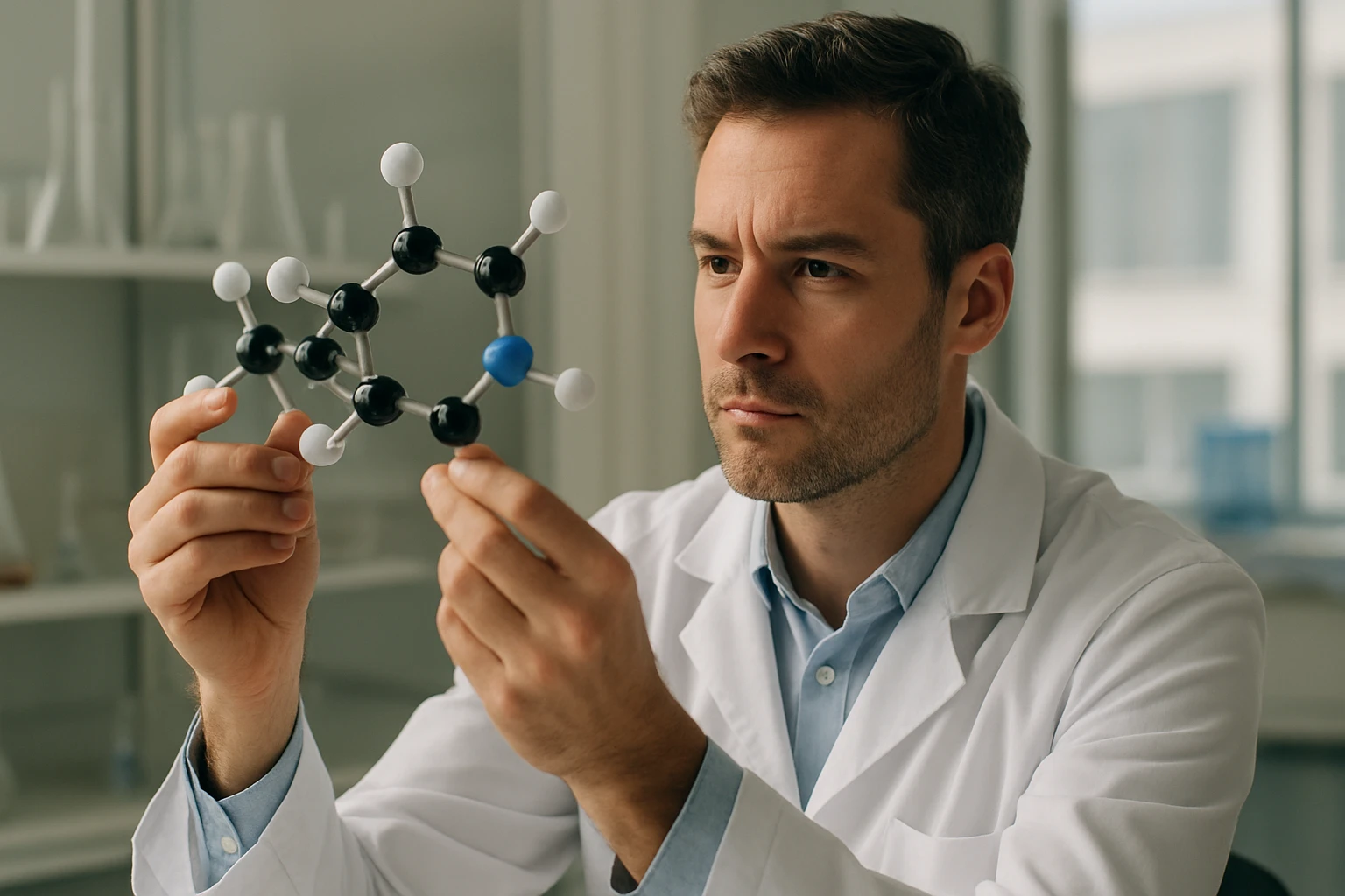 Egy férfi laboratóriumi köpenyben molekulamodelleket vizsgál, figyelmes arccal.