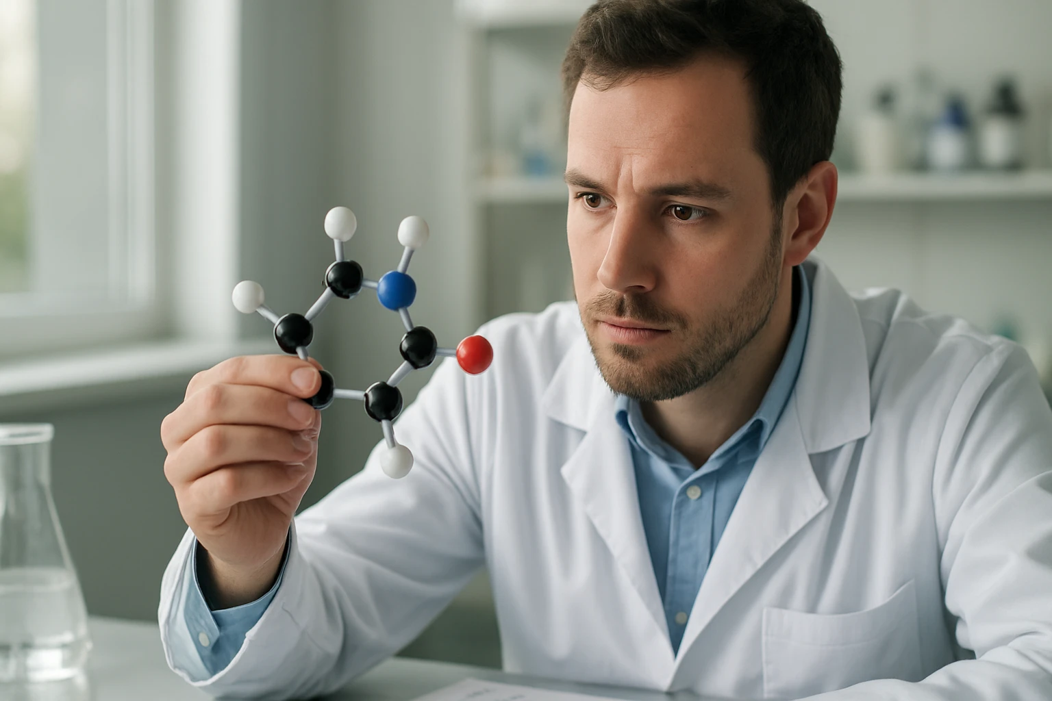 Egy férfi laboratóriumi köpenyben molekulamodelleket vizsgál, figyelmes arccal.