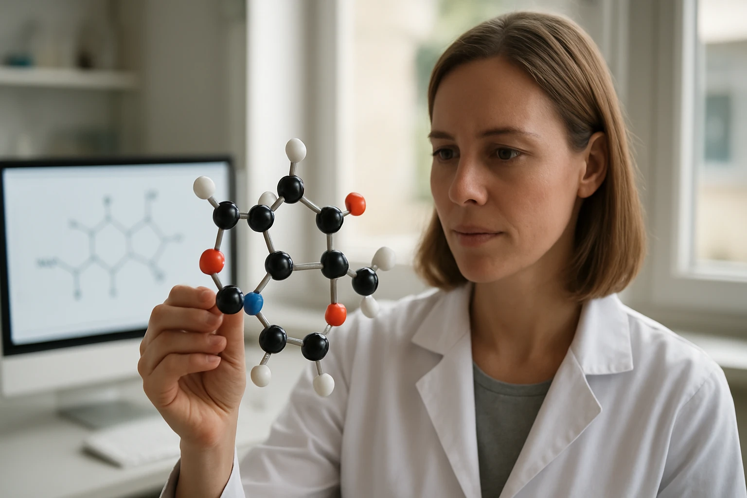 Egy nő fehér köpenyben, molekulamodellel a kezében, laboratóriumban.