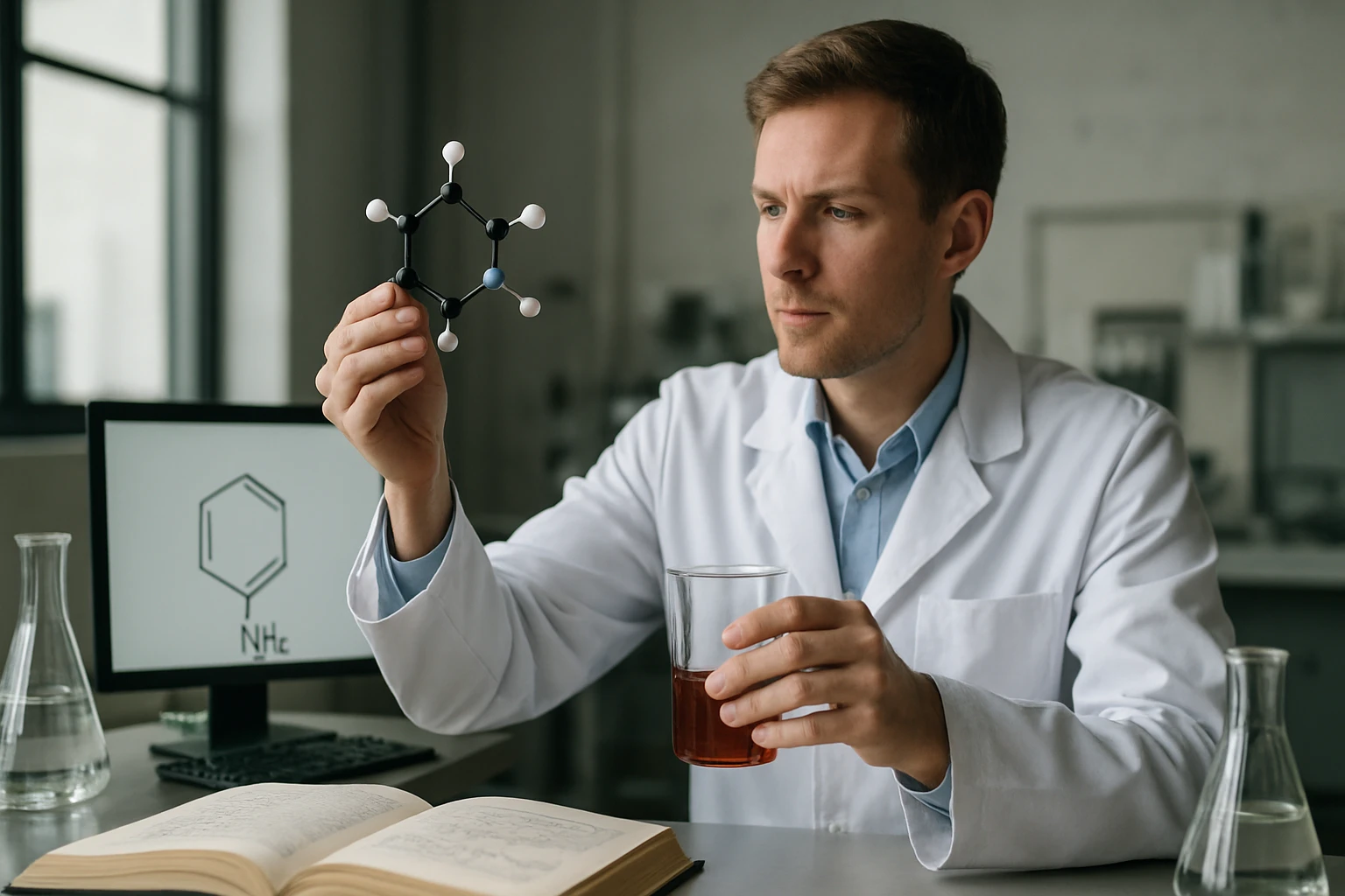 Egy kutató fehér köpenyben egy molekulamodelt tart a kezében, miközben egy pohár folyadékot néz.