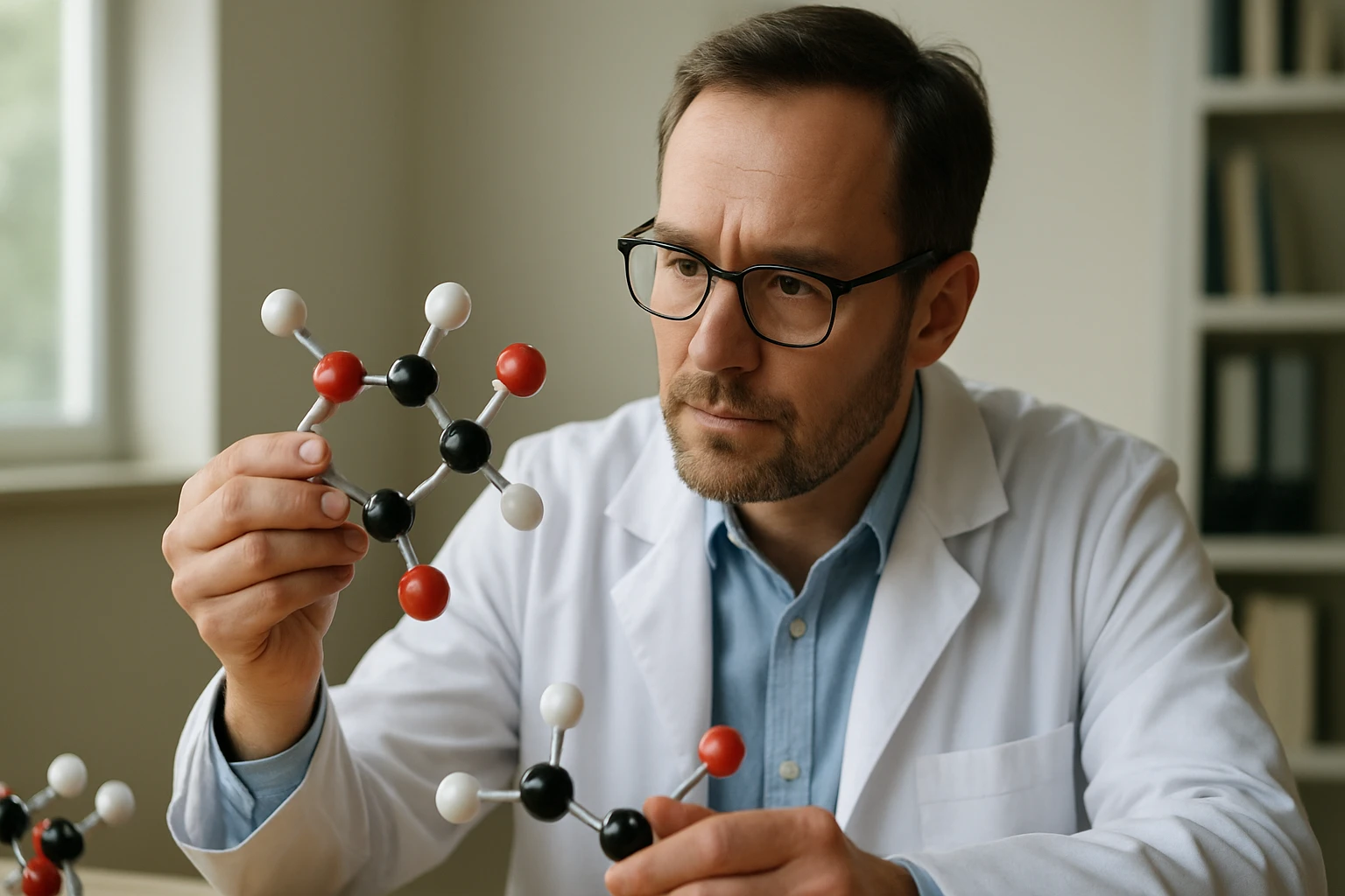 Egy tudós, aki molekulamodelleket vizsgál, fehér köpenyben és szemüvegben.