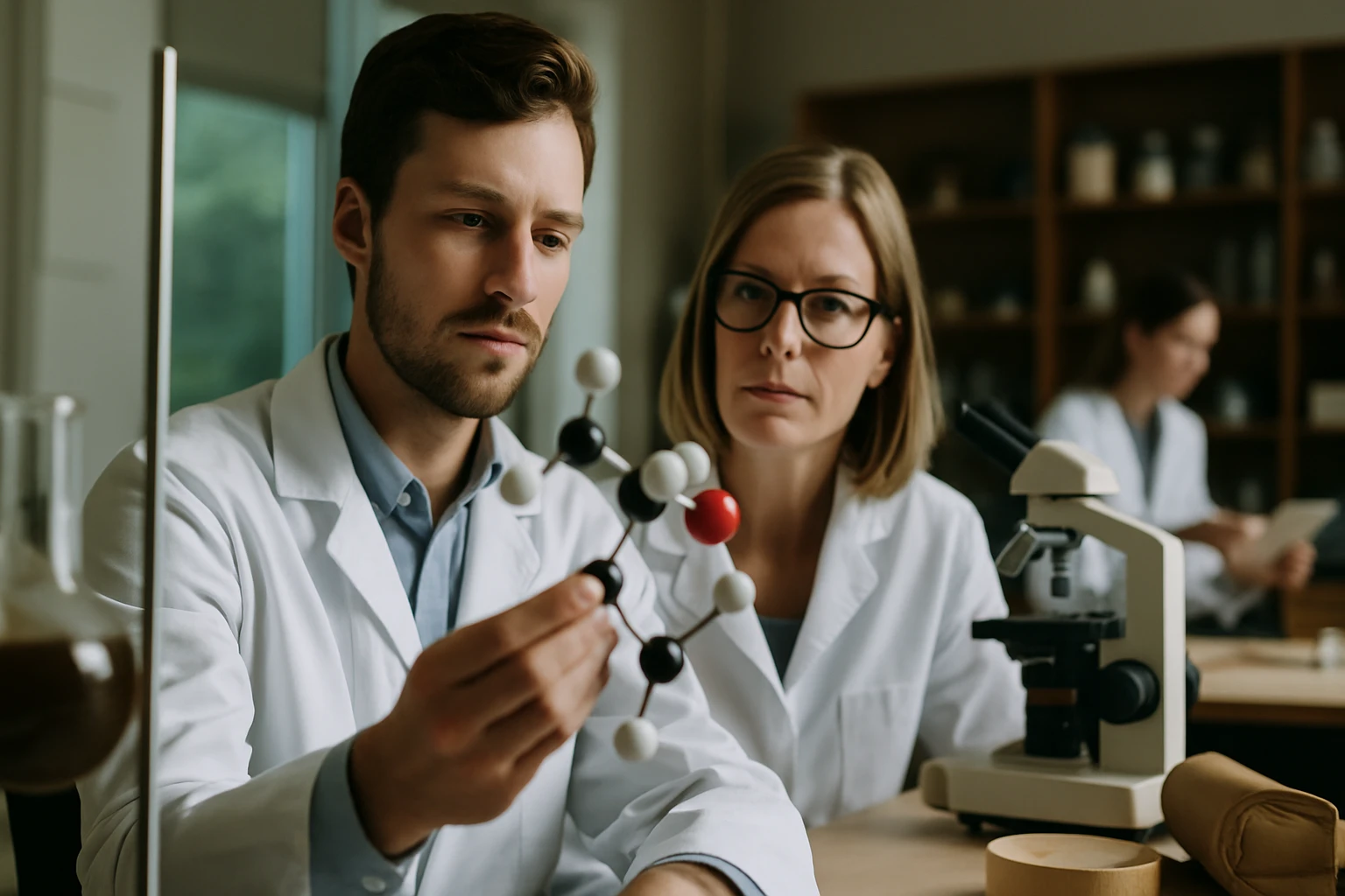 Két tudós egy molekulamodellel dolgozik laboratóriumban, figyelmesen nézik a szerkezetet.