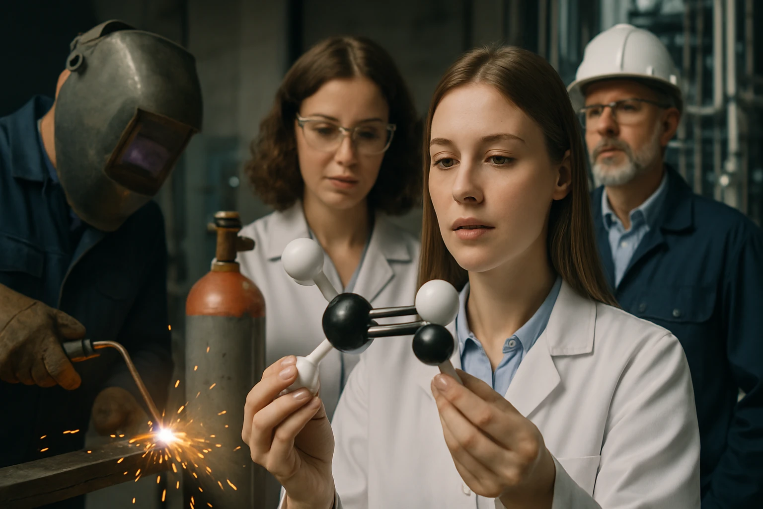 Két nő és egy férfi laboratóriumi környezetben, molekulamodelleket vizsgálnak.