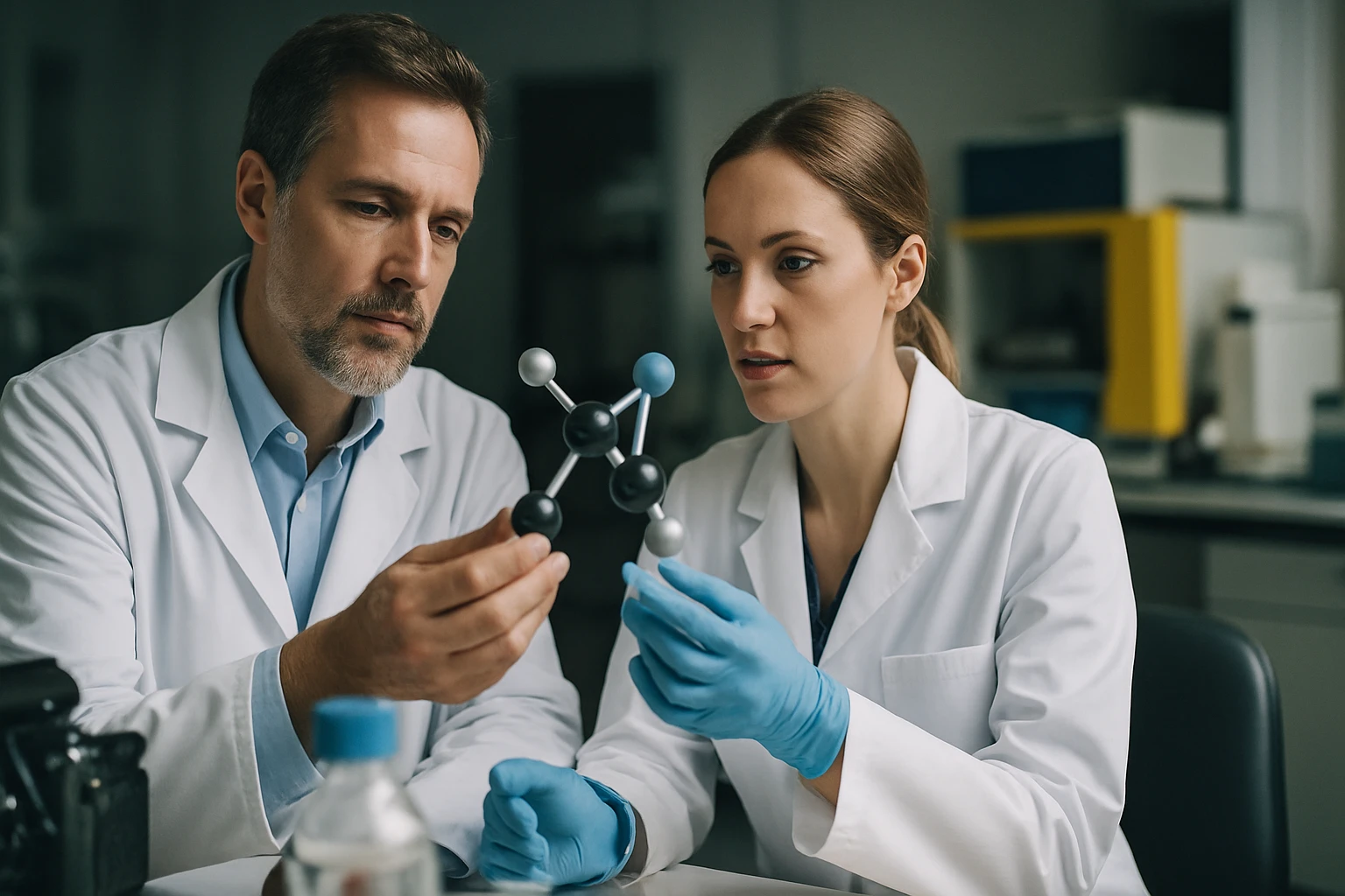 Két kutató egy molekula modellt vizsgál, laboratóriumi környezetben.