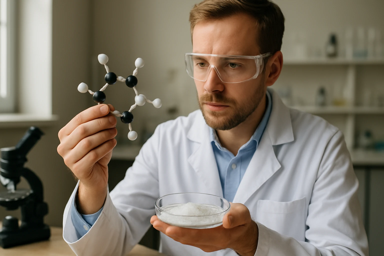 Egy férfi laboratóriumi köpenyben, molekulamodellel és üvegben fehér porral.