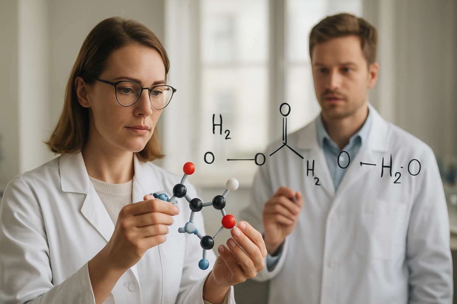 Két tudós, akik egy molekulát vizsgálnak, miközben kémiai képletek láthatók a háttérben.