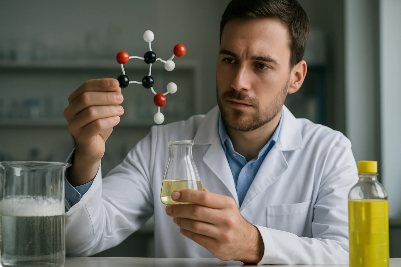 Egy férfi laboratóriumban molekulamodelleket vizsgál, kémcsővel a kezében.
