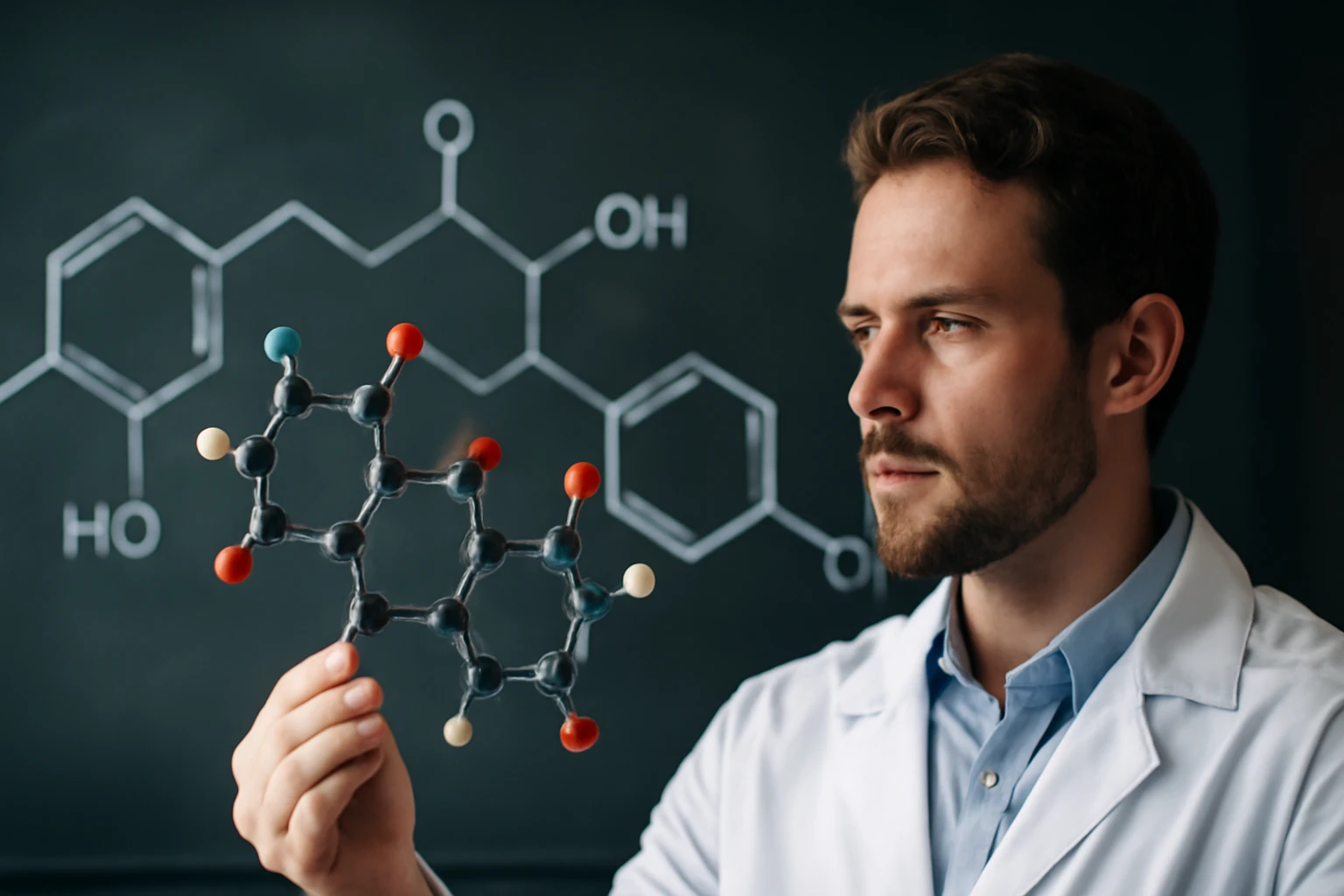 Egy férfi laboratóriumi köpenyben, kezében molekulamodellel, háttérben kémiai struktúrák.