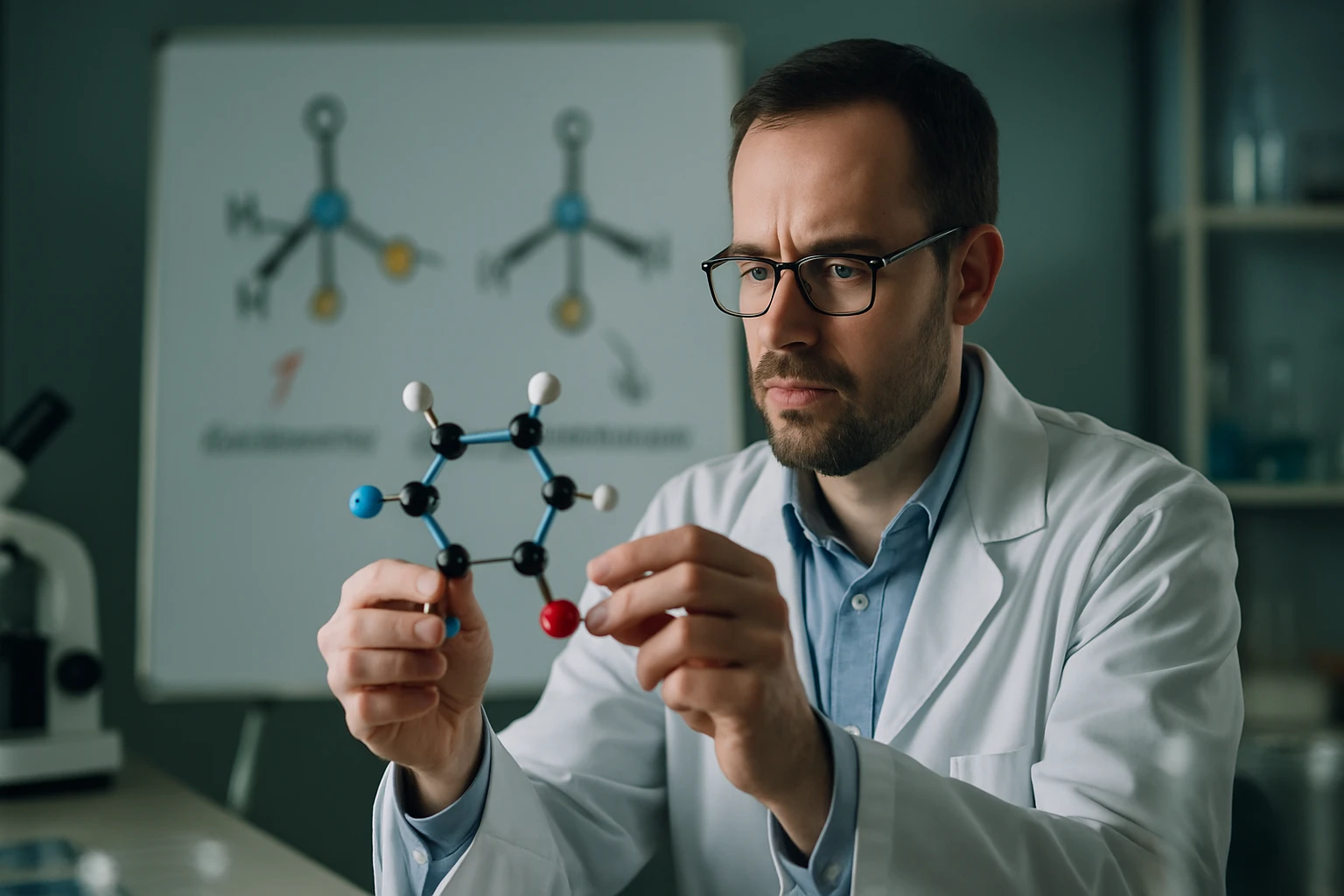 Egy tudós molekulamodelleket vizsgál, miközben laboratóriumban dolgozik.