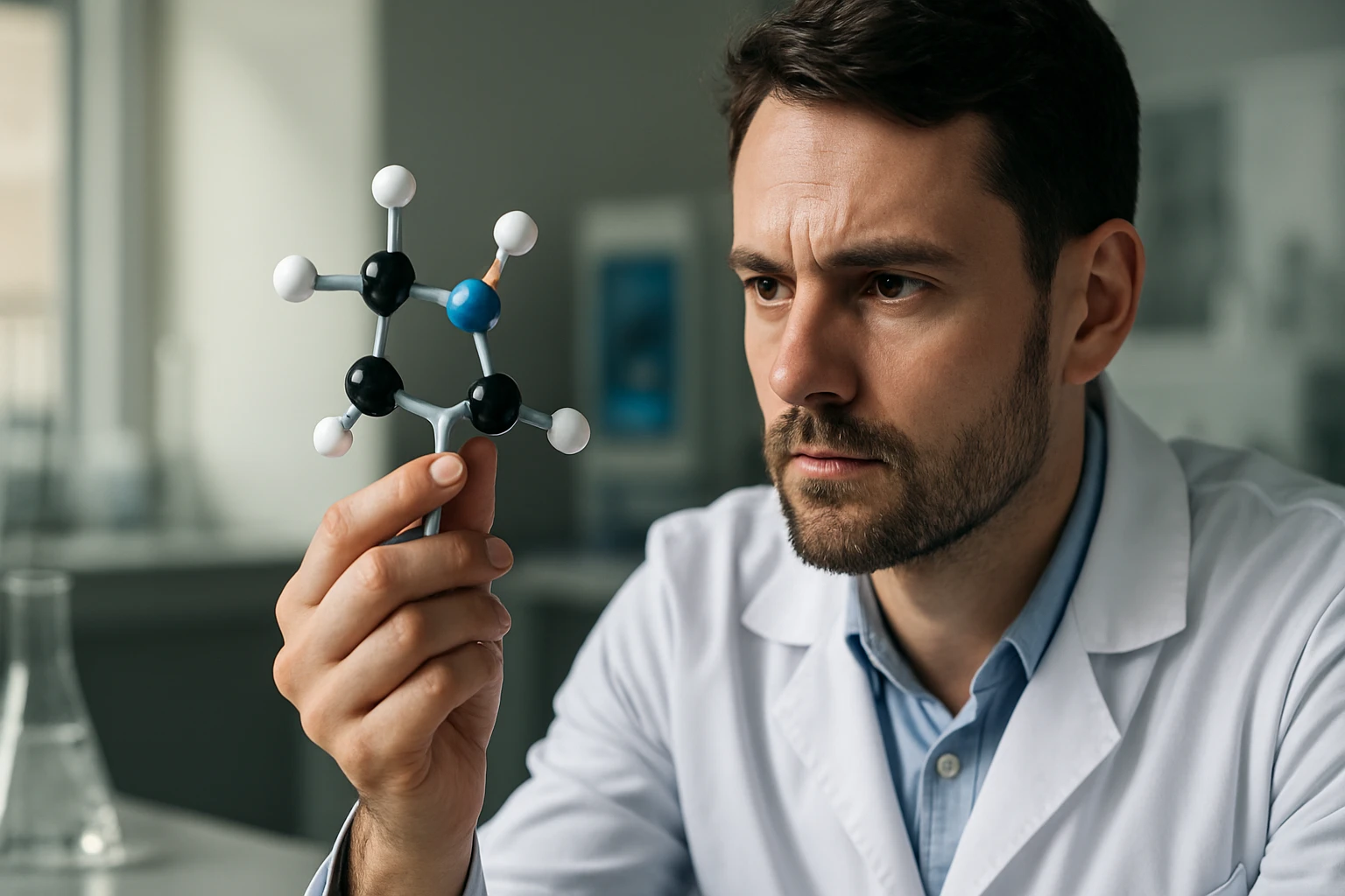 Egy férfi laboratóriumban egy molekulamodelt vizsgál, amely különböző színű atomokat ábrázol.