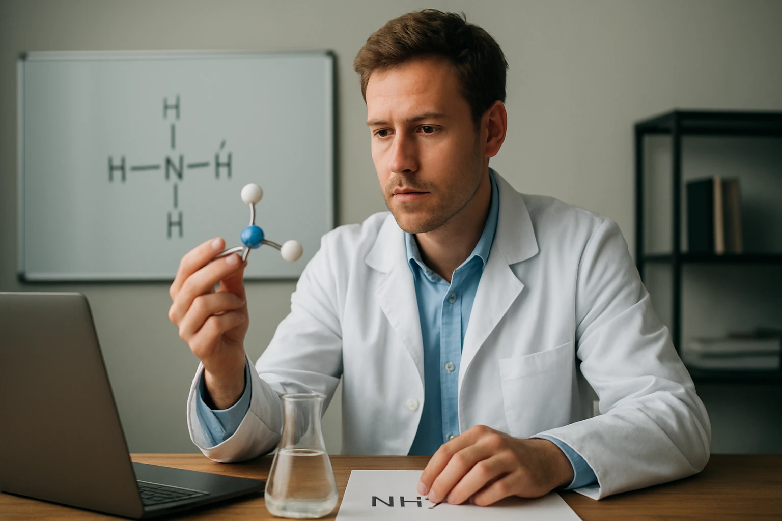 Egy férfi fehér köpenyben, molekulamodellel a kezében, laboratóriumi környezetben.