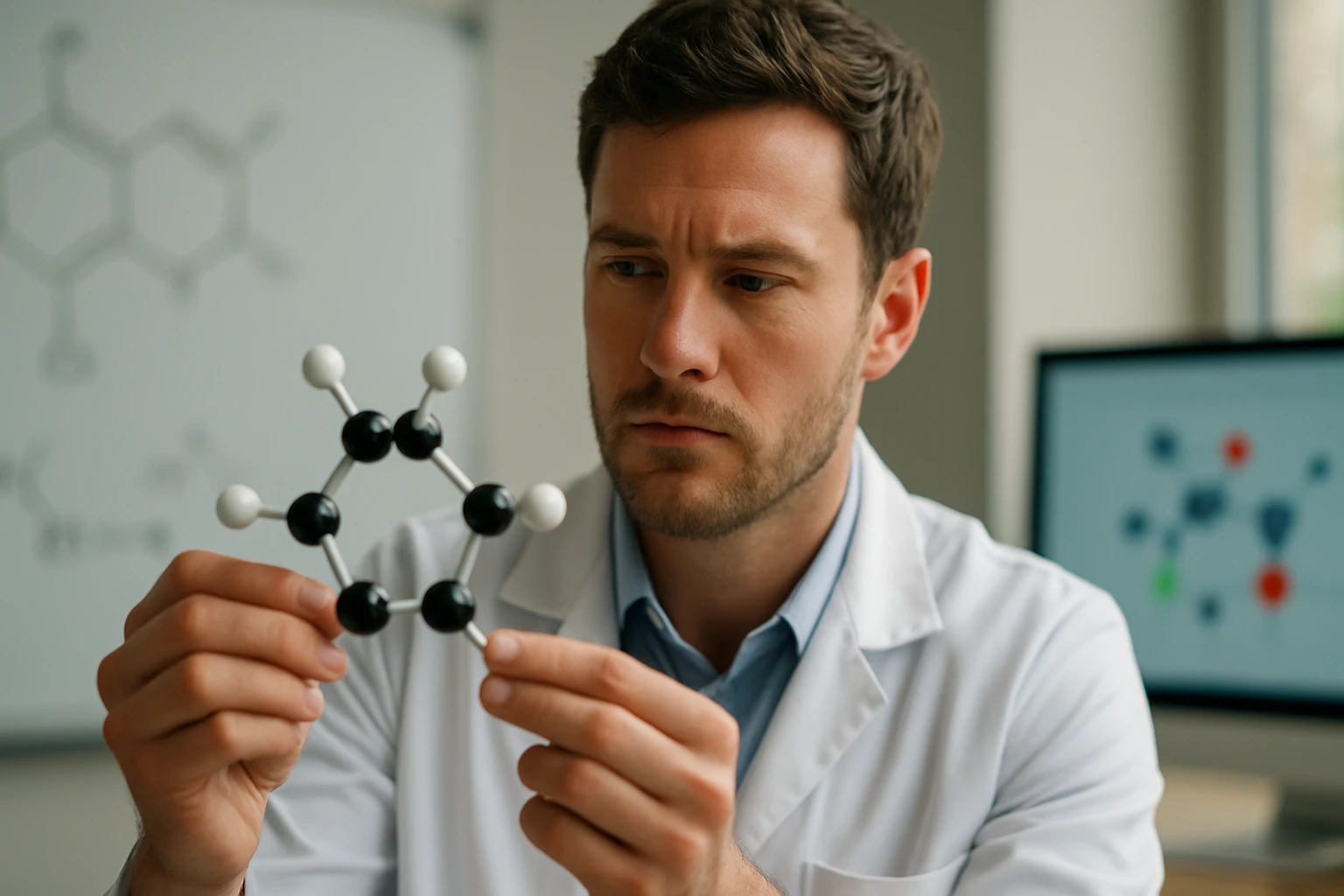 Egy férfi laboratóriumban molekulamodelleket vizsgál, fehér köpenyben.