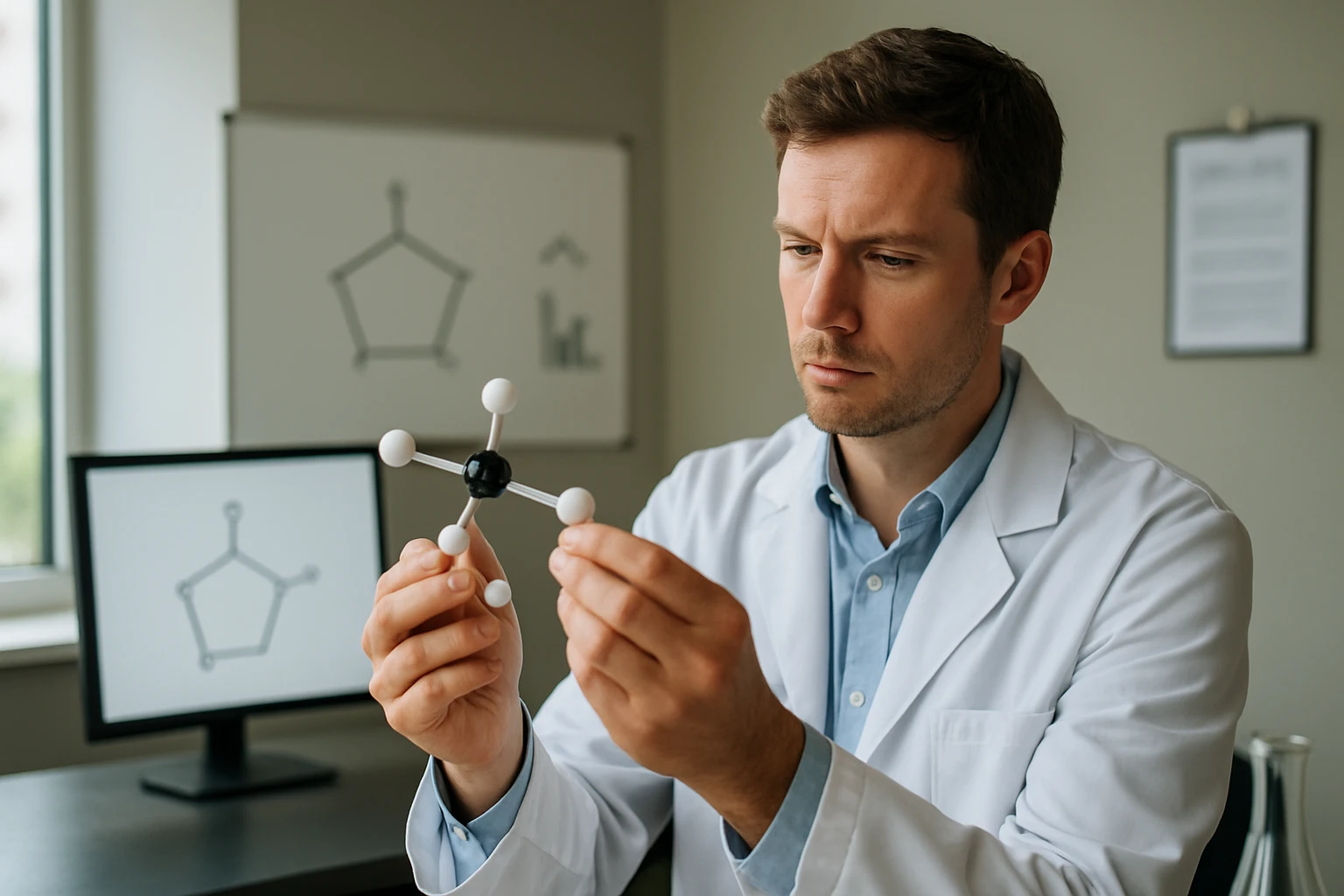 Egy férfi laboratóriumban molekulamodelleket vizsgál, fehér köpenyben.