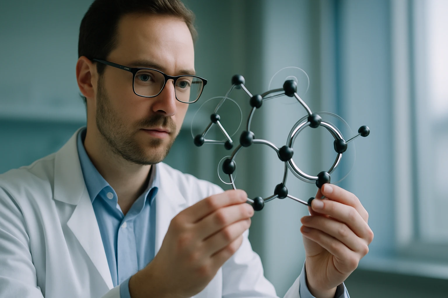 Egy tudós, aki molekulamodelleket vizsgál, laboratóriumi környezetben.