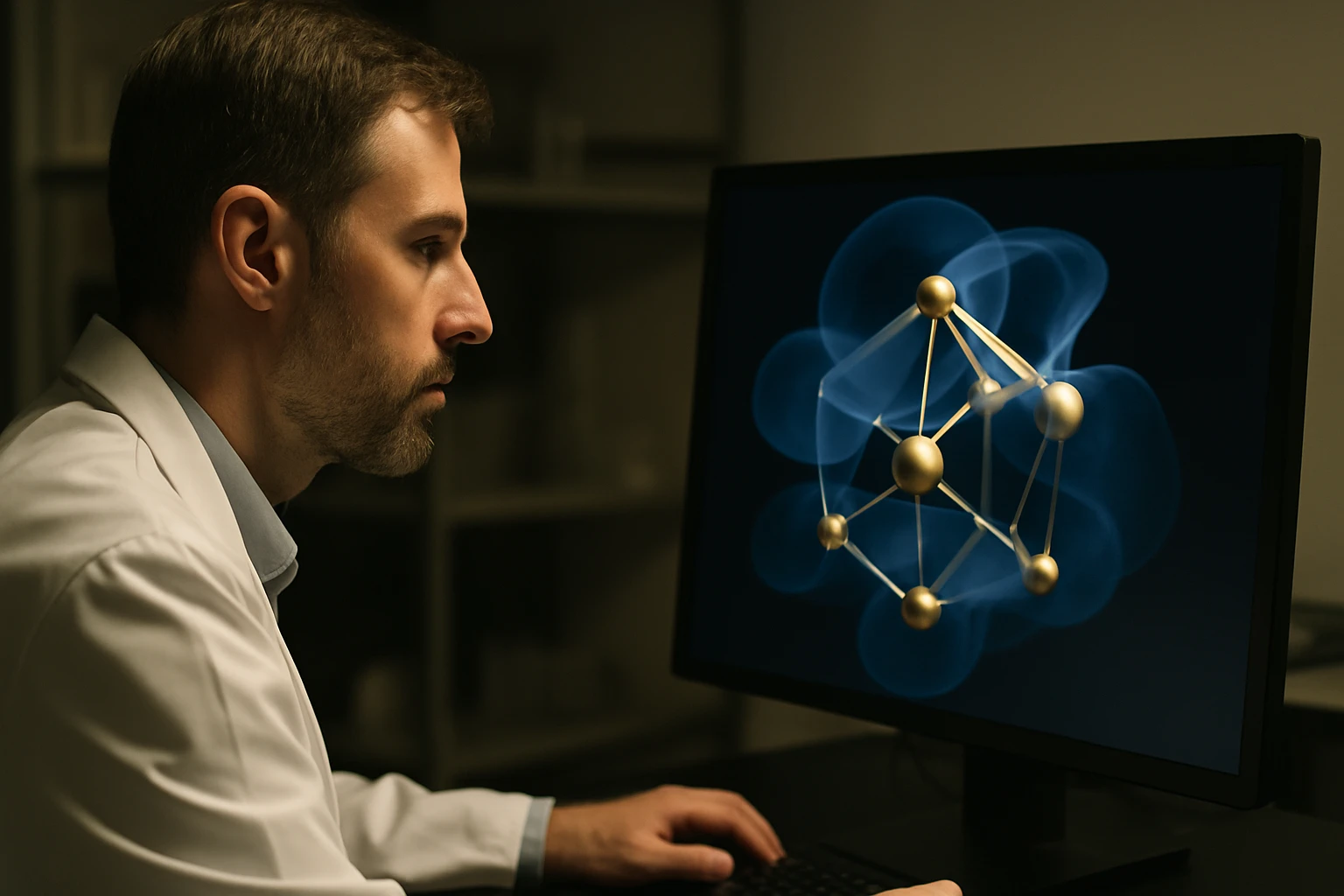 Egy tudós figyelmesen nézi a számítógép képernyőjén megjelenő molekulamodelleket.