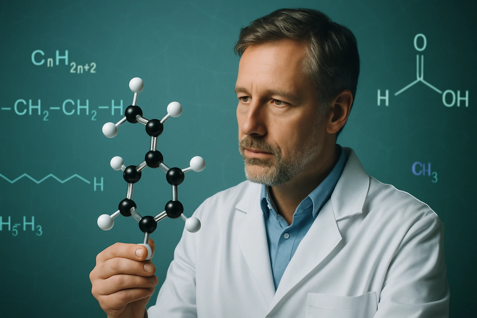 Egy tudós, aki egy molekulamodelt tart a kezében, háttérben kémiai képletekkel.