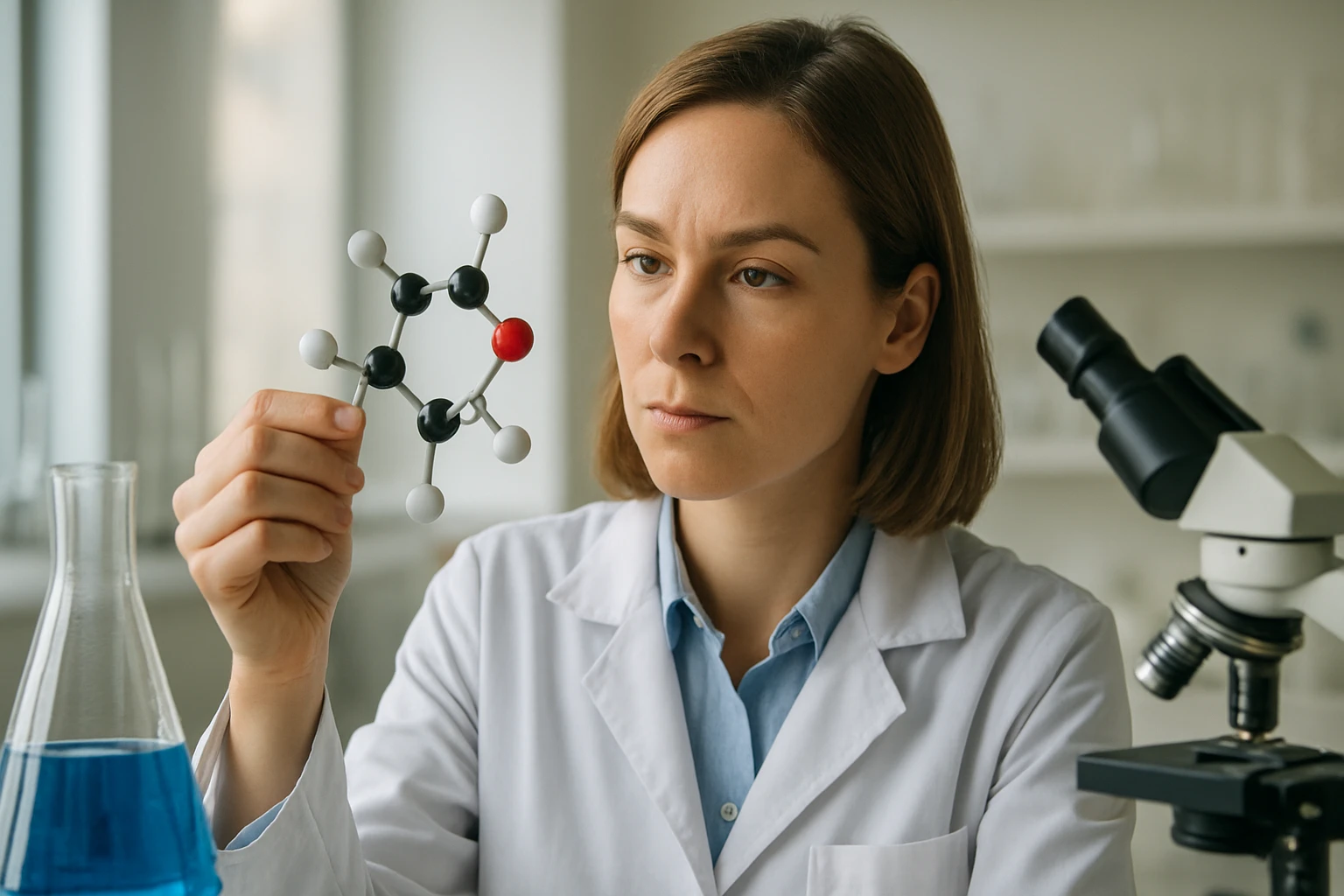 Egy női kutató egy molekulamodelt vizsgál, miközben laboratóriumi környezetben dolgozik.