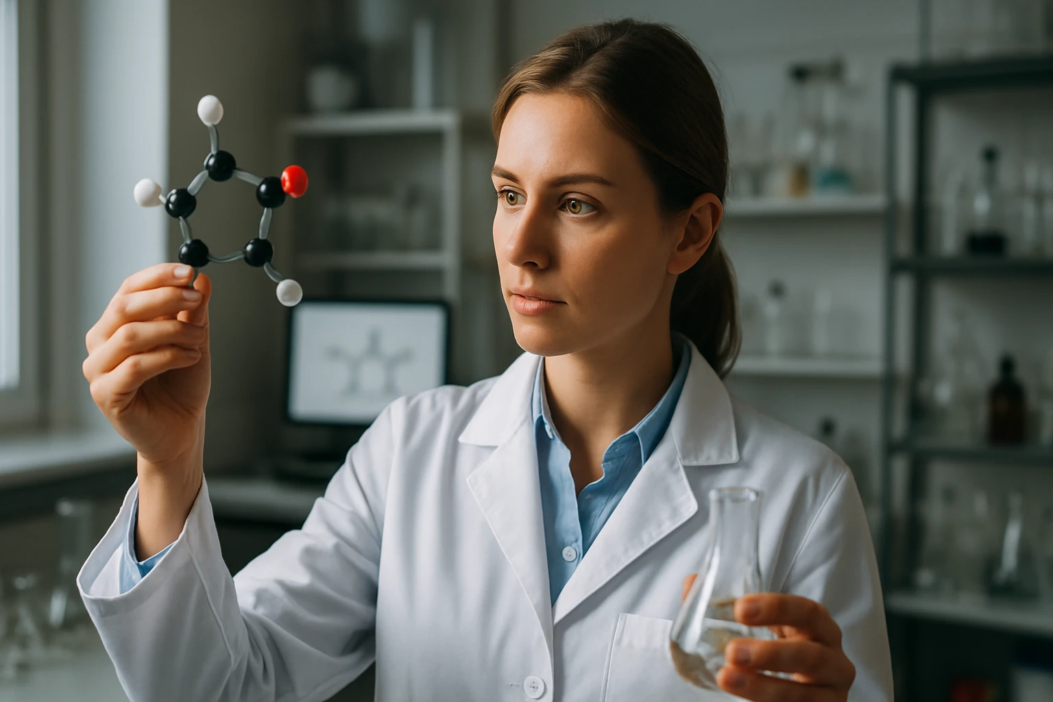 Egy női kutató molekulamodellel a kezében, laboratóriumi környezetben.