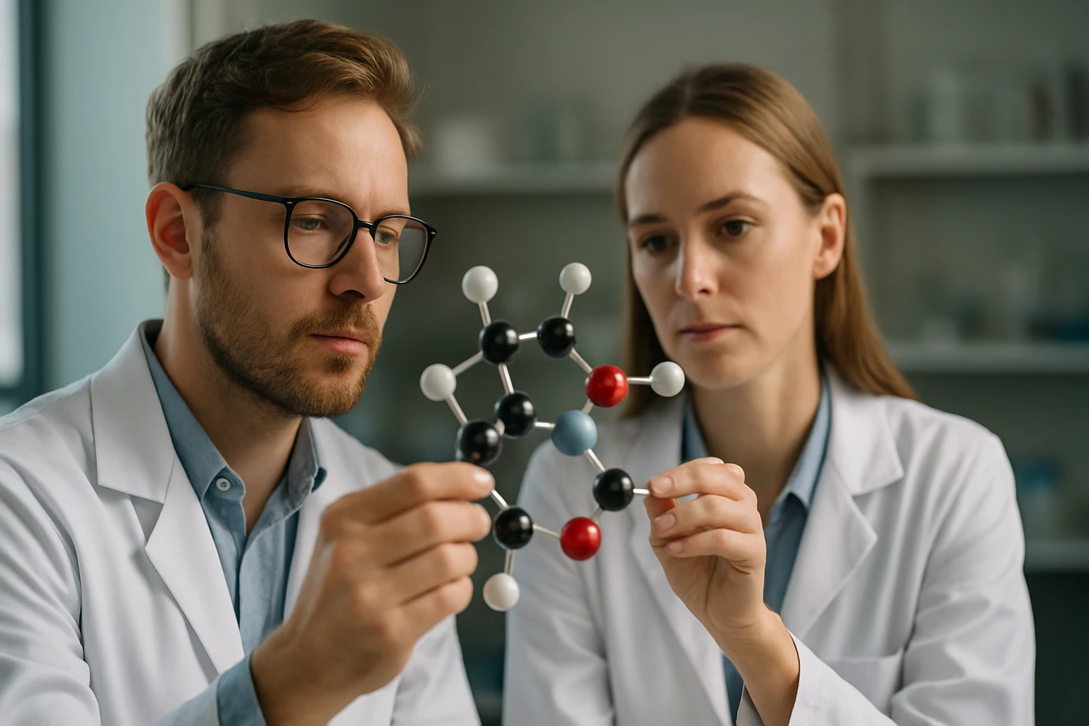 Két kutató egy molekulamodellel dolgozik laboratóriumi környezetben.