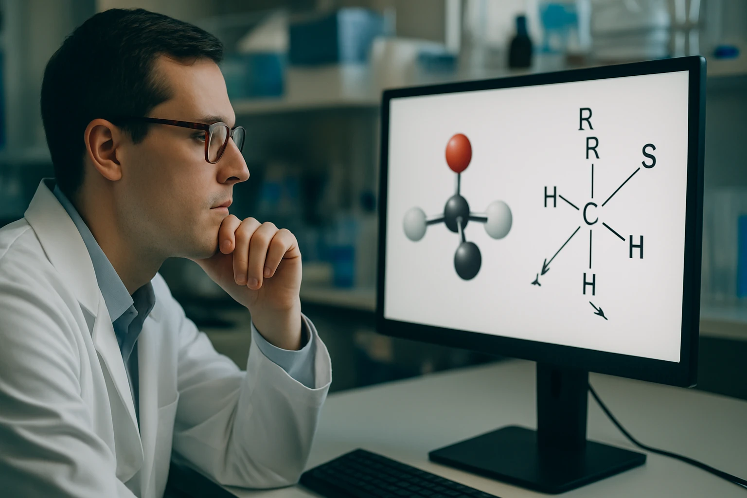 Egy laboratóriumban dolgozó tudós, aki egy molekula szerkezetét tanulmányozza a számítógépén.