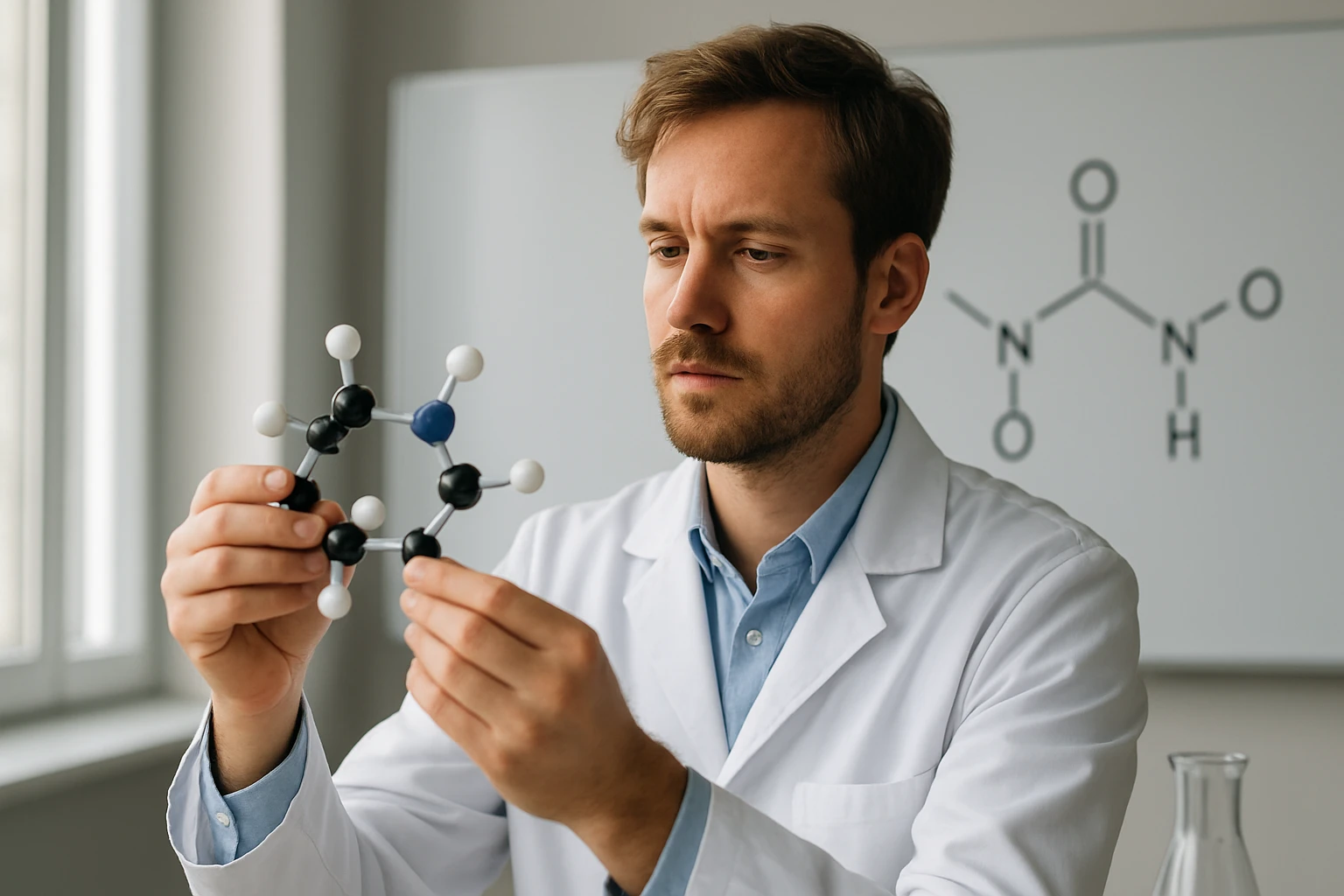 Egy férfi fehér köpenyben molekulamodelleket vizsgál, háttérben kémiai szerkezet.