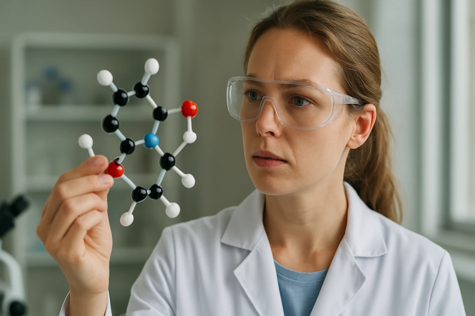 Egy női kutató molekulamodelleket vizsgál laboratóriumi környezetben.