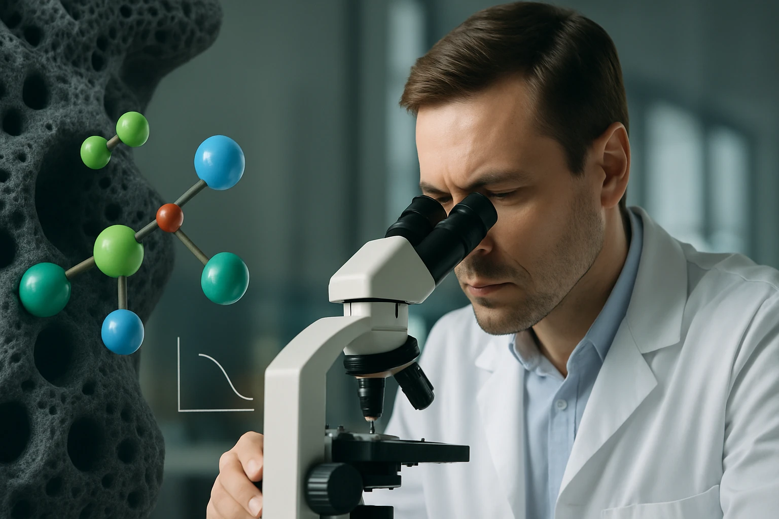 Egy tudós mikroszkóppal vizsgál egy molekulát, amely színes atomokból áll.