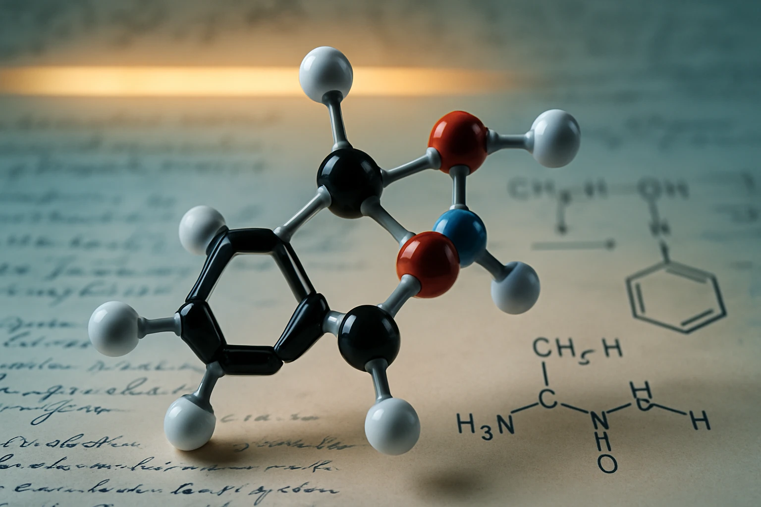 Egy színes molekula modellje, háttérben kémiai képletek és jegyzetek.