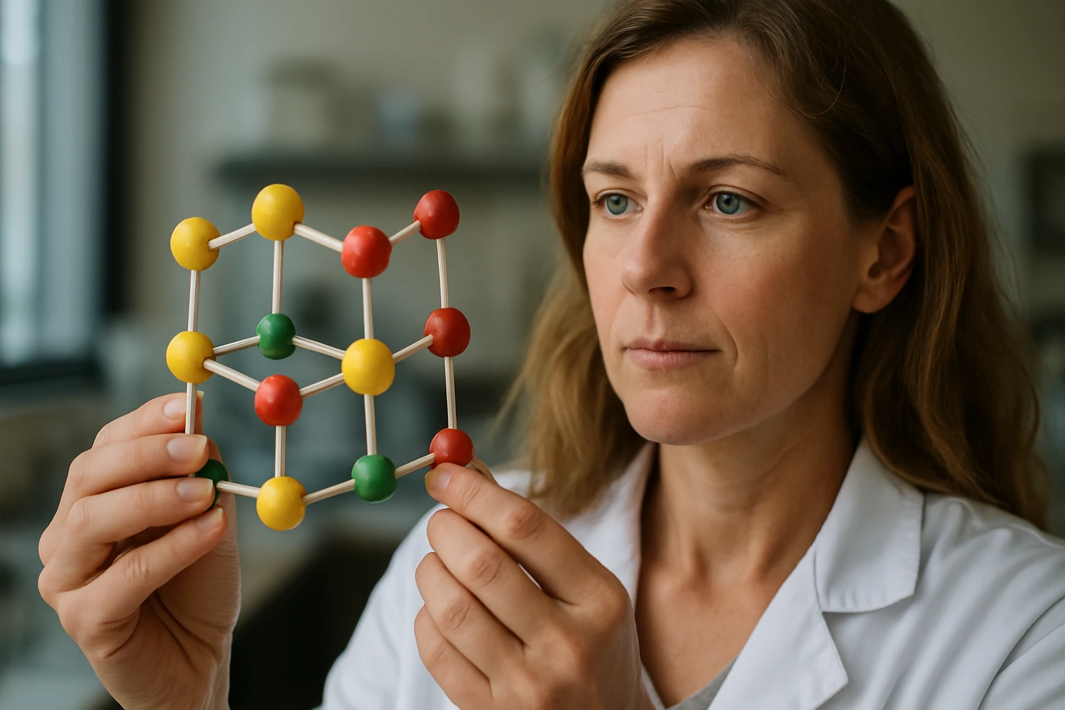 Egy nő egy molekulamodelt tart a kezében, figyelmesen nézi.