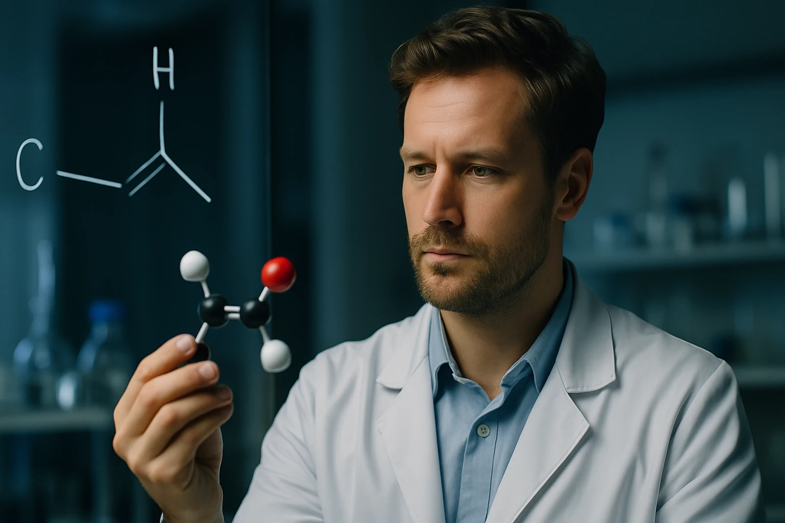 Egy férfi laboratóriumi köpenyben egy molekulamodelt tart a kezében.
