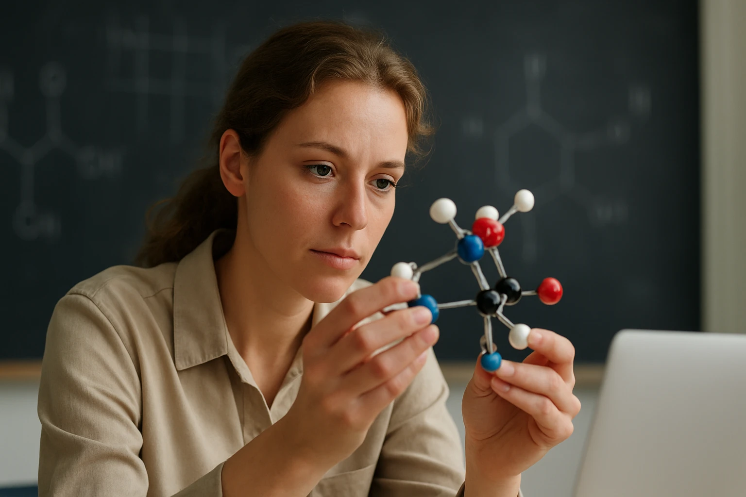 Egy nő figyelmesen nézi a molekulamodelt, miközben kémiai háttér látható.