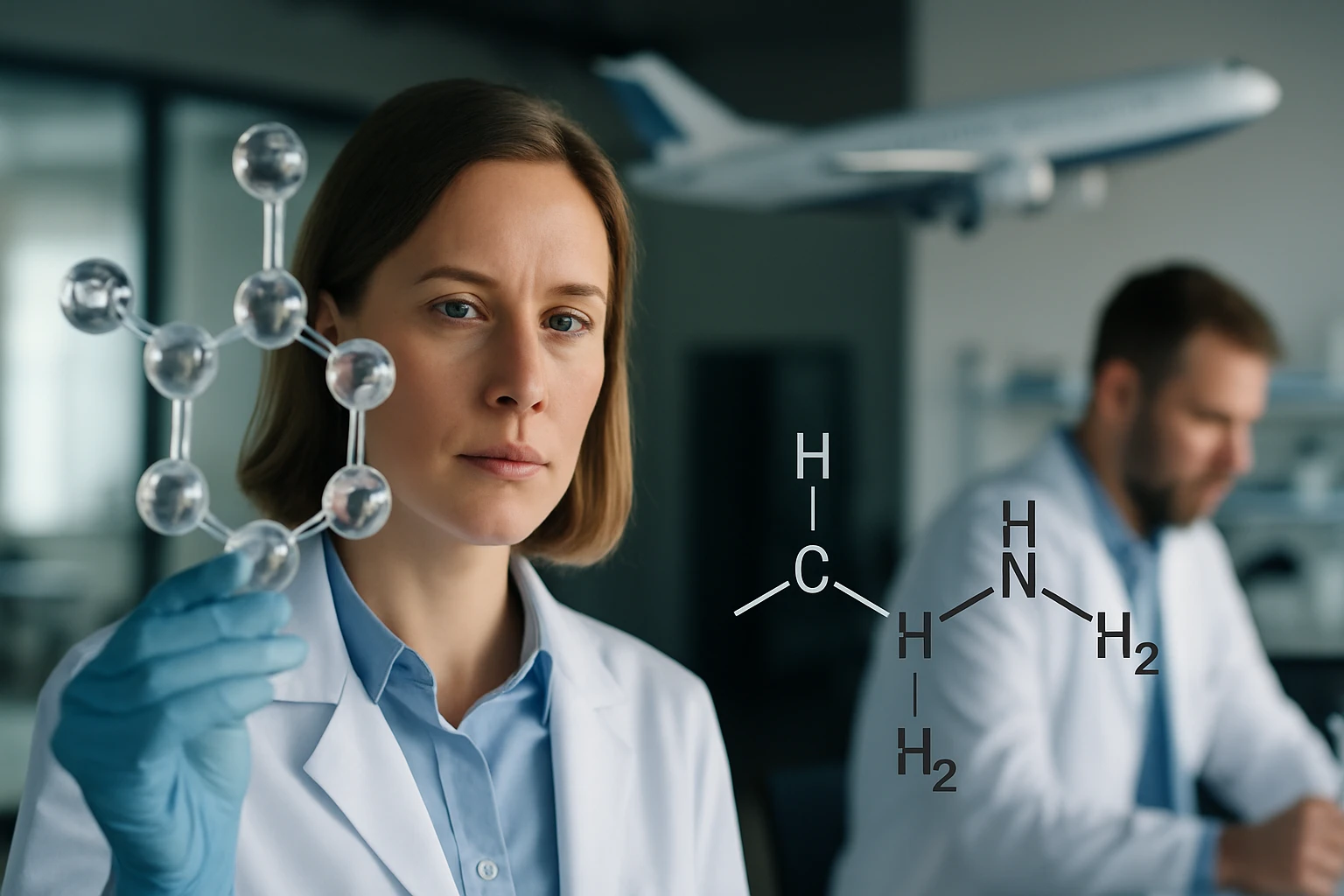 Egy női kutató egy molekulamodellel a kezében, háttérben laboratóriumi környezetben.