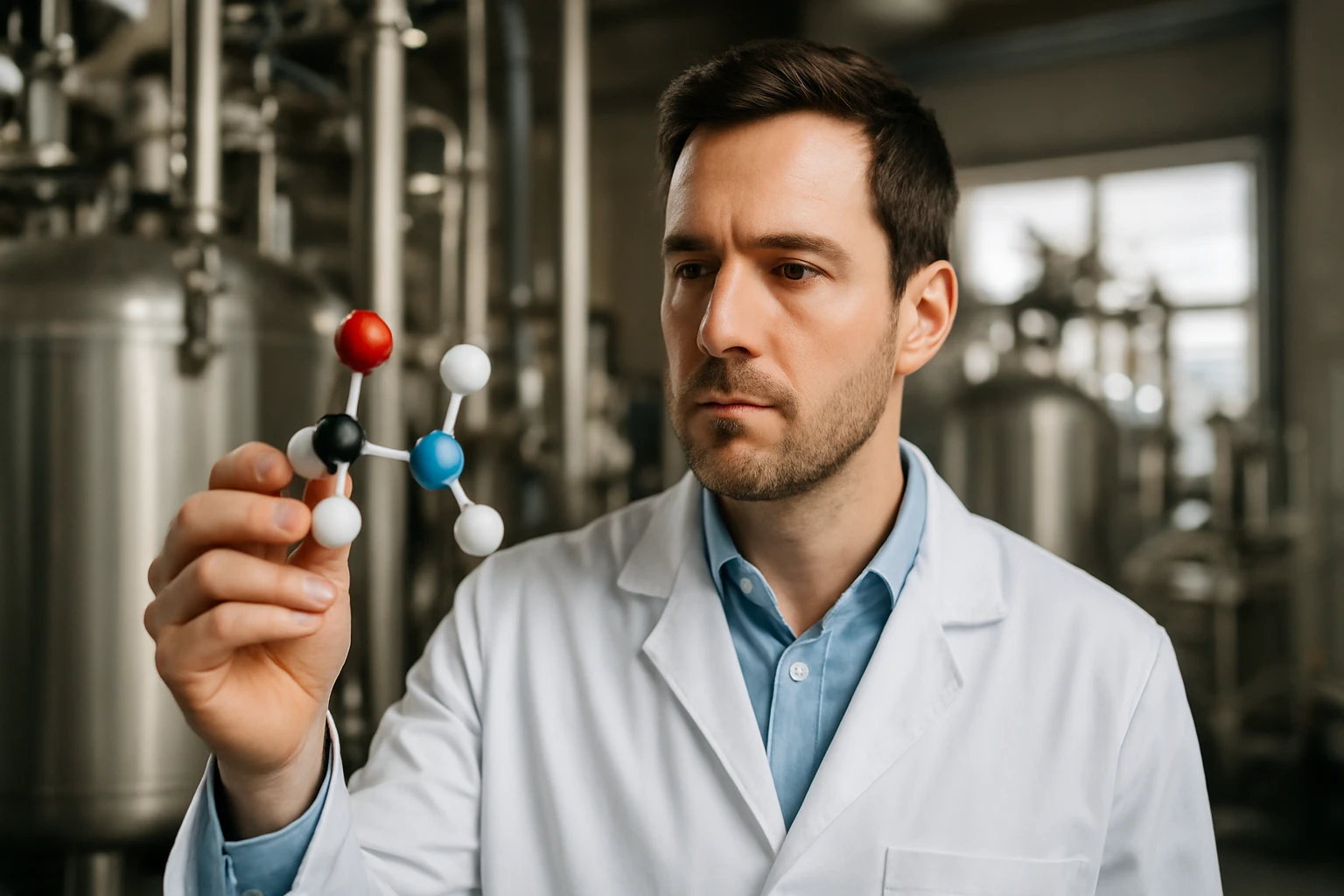 Egy laboratóriumban dolgozó férfi, aki egy molekulamodelt tart a kezében.