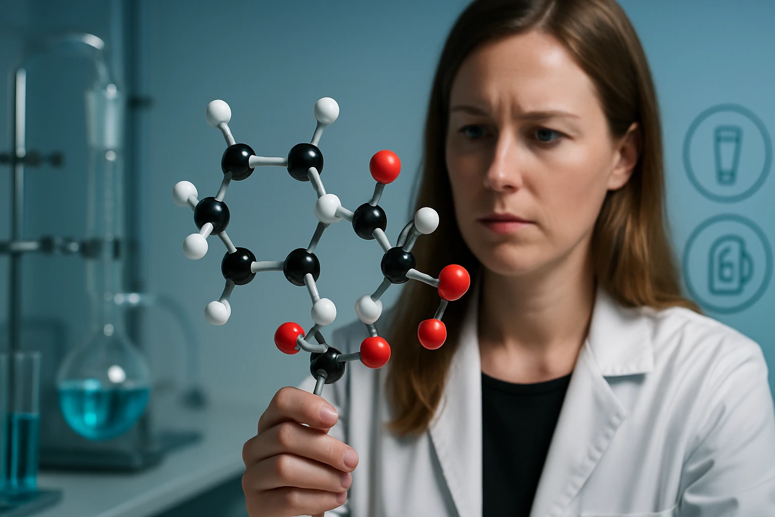 Egy nő laboratóriumban egy molekulamodellel dolgozik, figyelmesen nézi.