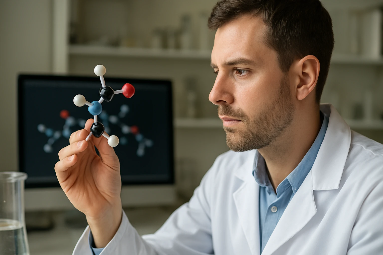 Egy férfi laboratóriumban egy molekulamodellel dolgozik, figyelmesen nézi.