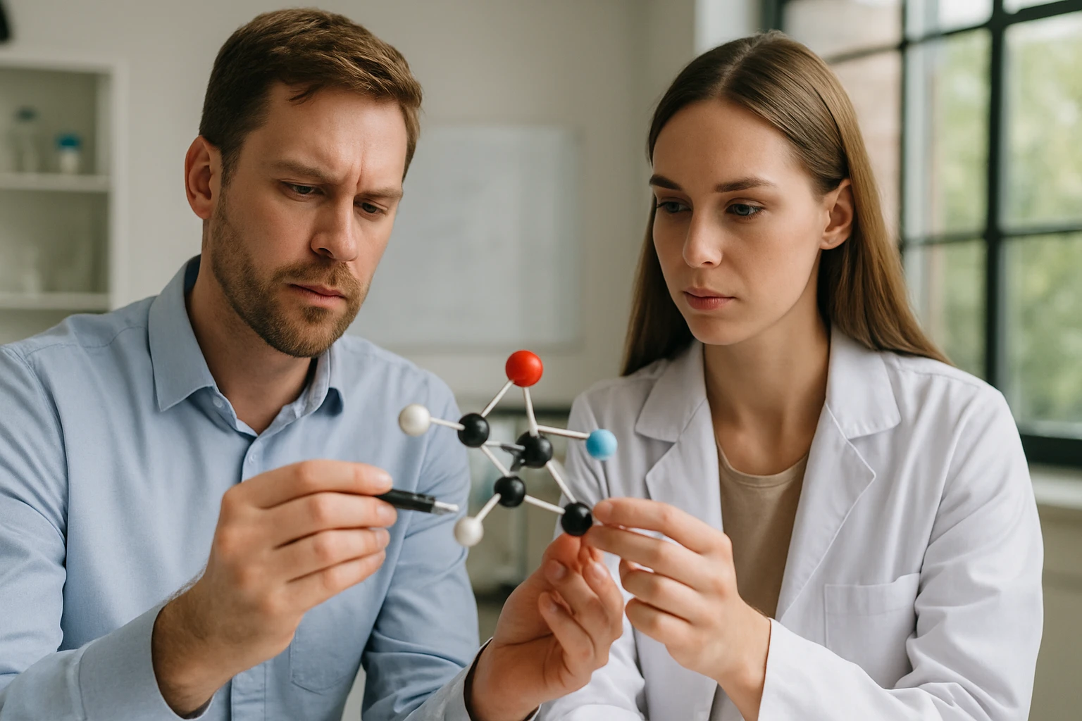 Két tudós egy molekulamodellel dolgozik, figyelmesen tanulmányozva a szerkezetet.