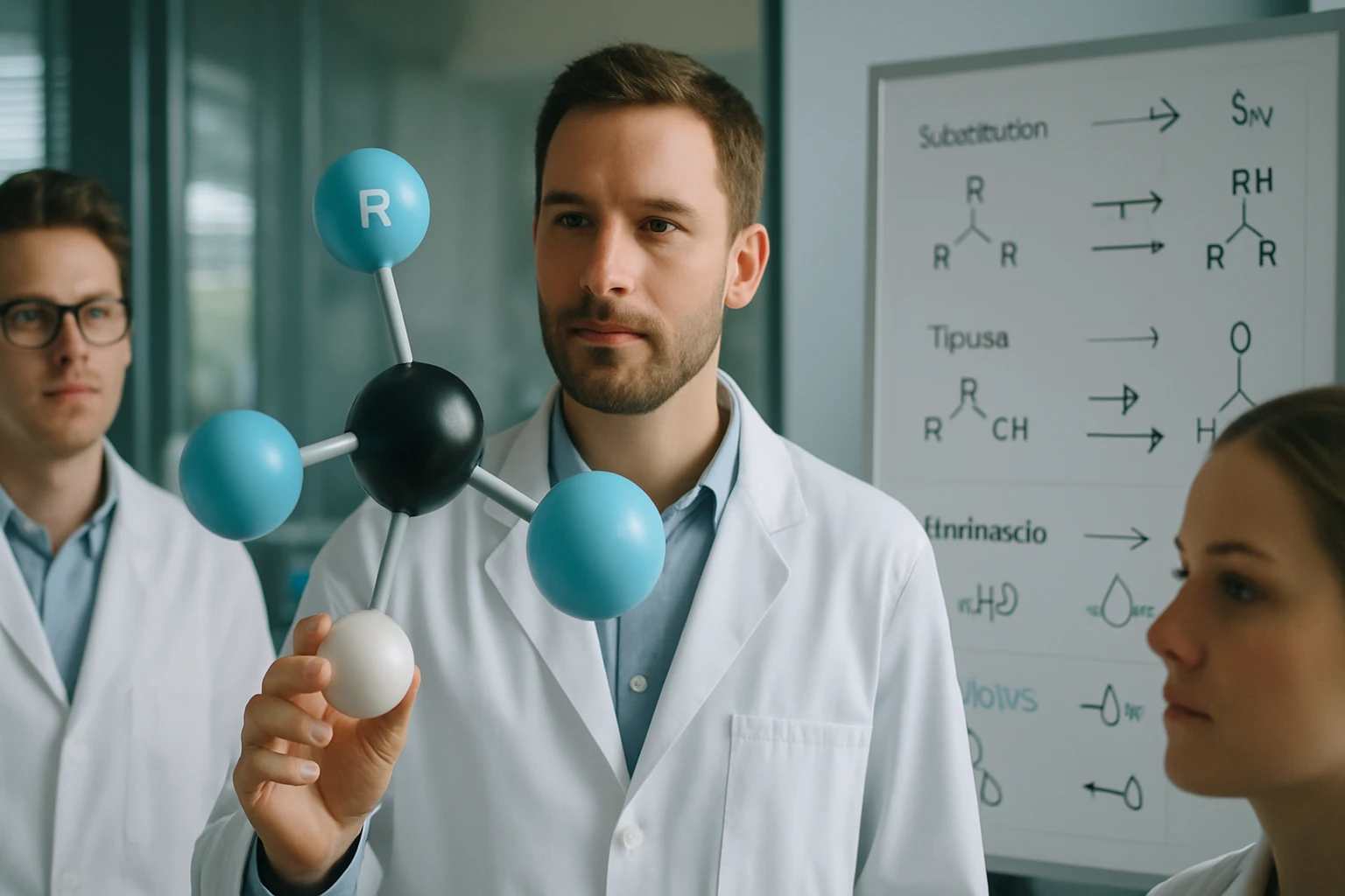 Két kutató laboratóriumi környezetben, egy molekulamodellel a kezükben.